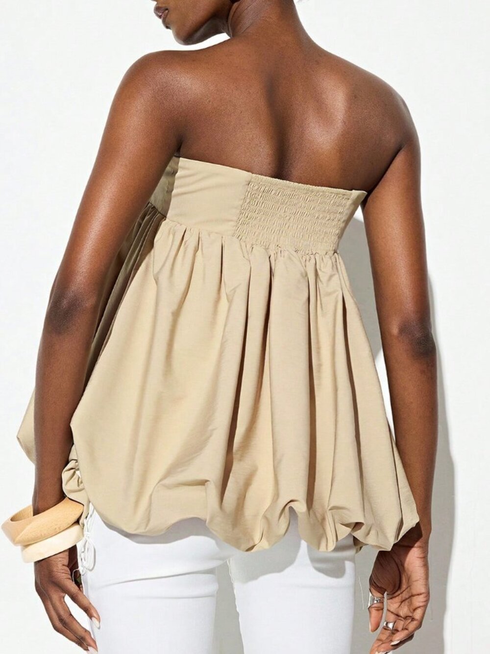 Khaki Casual Women's Strapless Belt Buckle Voluminous Balloon Hem Top - Picture 2 of 7